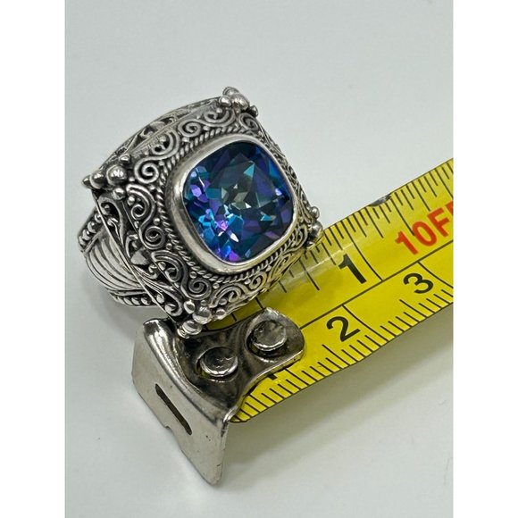 Mystic Blue Quartz Ring Size 5 Sterling Silver Ornate Raised Stone Silver 925 - Picture 8 of 10
